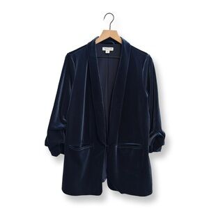 Coldwater Creek Navy Velvet Blazer Ruched Sleeve Open Front Lined | Size 12